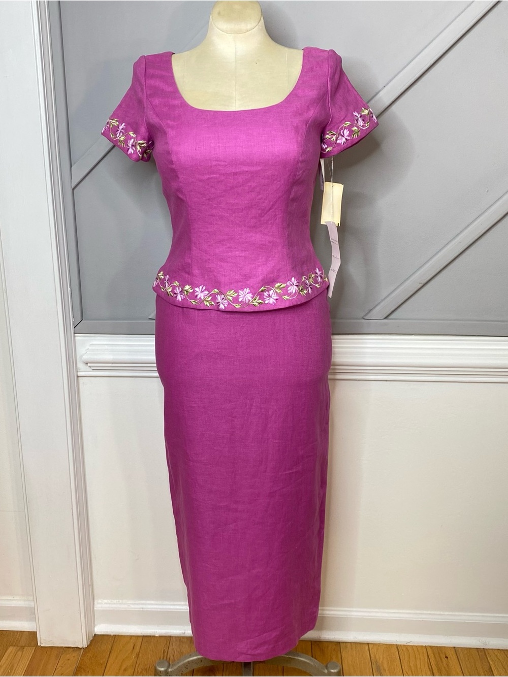Vtg Marie St Claire Mock 2 Pc Dress Fuchsia Pink Embroidered Linen Midi Sz 8 New